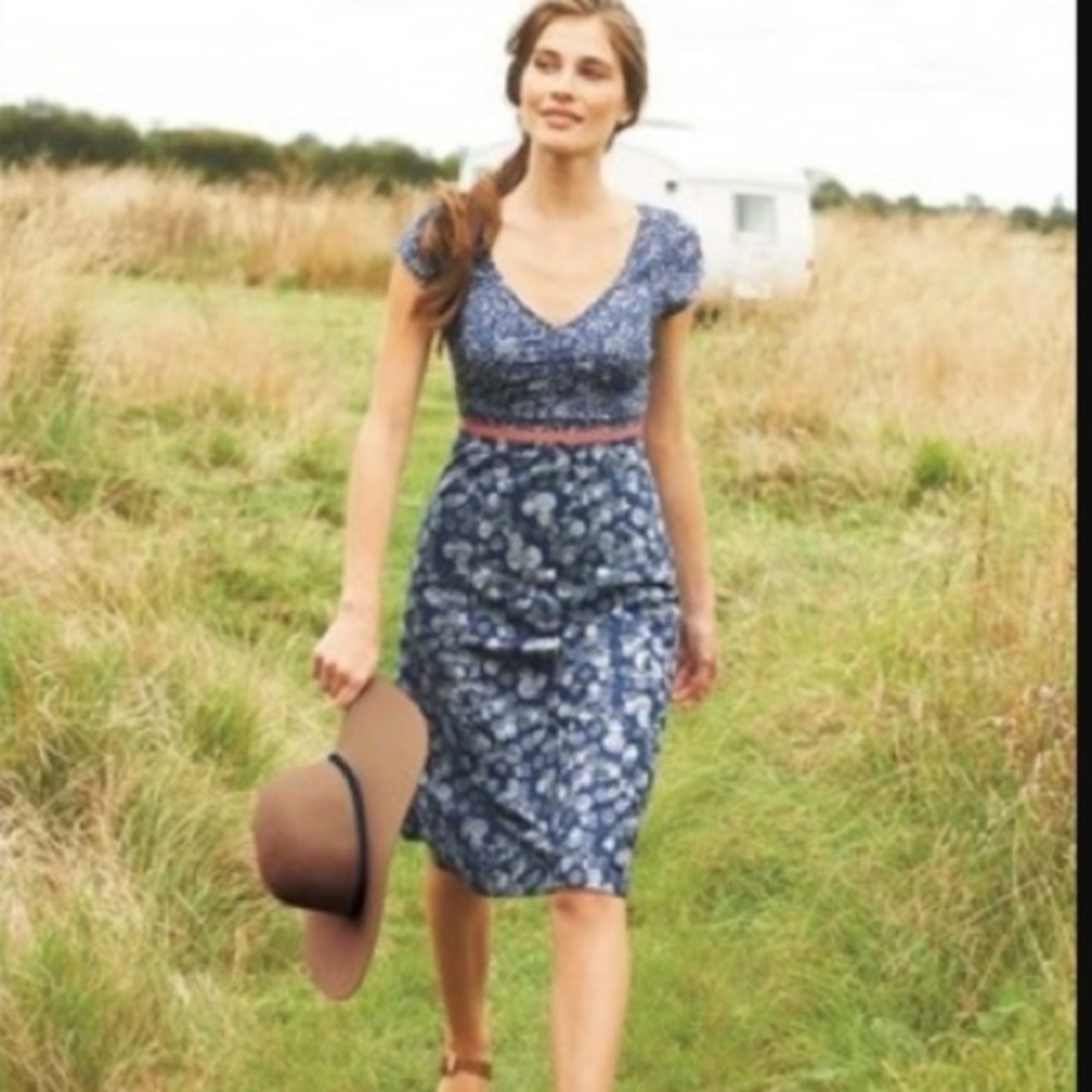 Boden Hotchpotch Blue & White V-Neck Cap Sleeve Lined Dress Size 8R